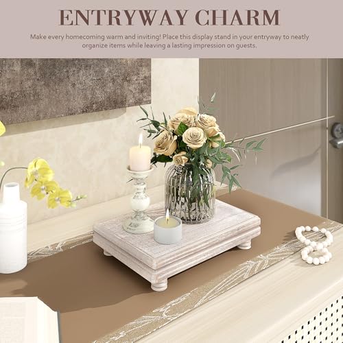 EOSAHR Decorative Tray Wood Pedestal Stand – Farmhouse Wooden Tray for Soap Holder & Bathroom Accessories - Kitchen Essentials & Bathroom Organizer for Home Decor (Natural Wood) - color: Natural