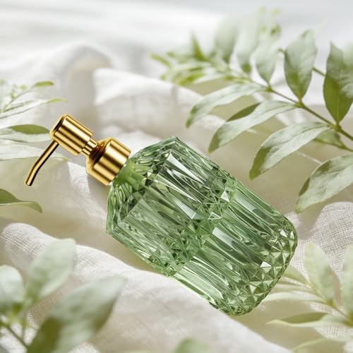 AmazerBath Soap Dispenser Green Glass Soap Dispenser with Pump Stainless Steel, 14.2OZ Luxury Gold Hand Soap Dispensers Bottles Bathroom, Refillable Kitchen Soap Dispenser for Dish Soap, 1 Pack - color: Green & Gold - 1 Pack