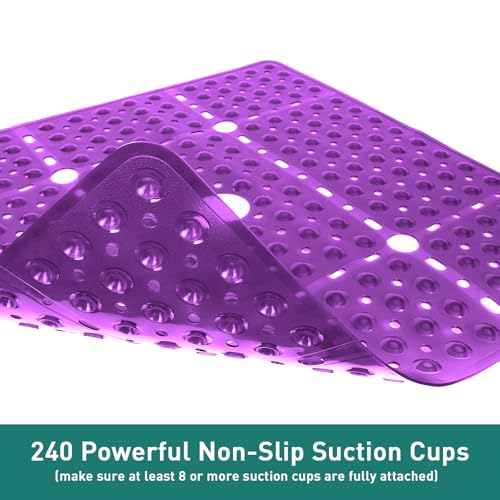 Large Square Shower Mat 27 x 27 Inch Clear Purple, Non Slip Shower Bathtub Mats for Inside Shower With Big Suction Cups Drain Holes, Anti Slip Bathroom Floor Stall Mats, Easy Clean, BPA-Free - color: Clear Purple