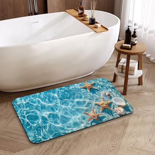 Starfish Bathroom Mat, Non Slip Rubber Backed Fast Dry Bath Rug, Thin Bath Mat for Bathroom Kitchen 17"x30" - color: Starfish