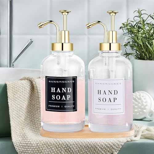 Glass Soap Dispenser with Pump,Tray,Funnel, Countertop Soap and Lotion Dispenser Set of 2 with 60 Stickers, Dish and Hand Soap Dispenser Bottle for Kitchen,Bathroom,Shower,500ml/16.9oz - color: Blk-5010-2g