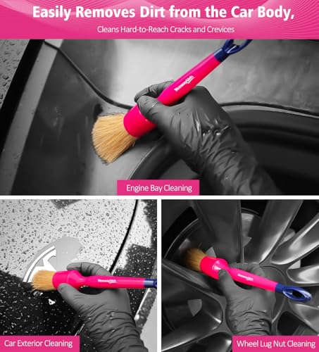 YeewayVeh 6PCS Car Detailing Brush Set, 3pcs Boars Hair Detailing Brushes, 3pcs Ultra Soft Detail Brush for Leather Seat Air Vents Engine Bay, Detail Brushes Car Detailing for Interior Exterior, Pink - color: Magenta Pink