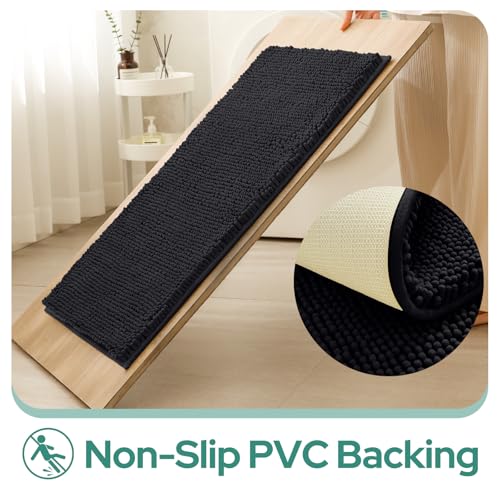 HOMEIDEAS 2 Pieces Bathroom Rugs, Non Slip Absorbent Chenille Toilet Bath Mat Set (Black) - color: Black-black, size: 1'5" x 2'8" (Rectangular 20"x32"+17"x24")