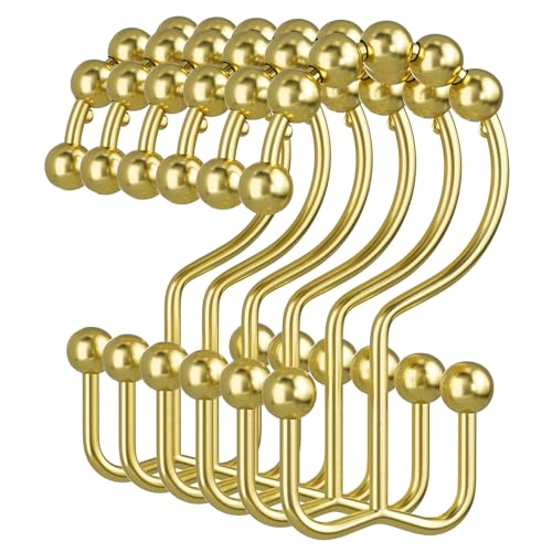 Amazer Gold Shower Curtain Hooks, 12PCS Rust-Resistant Metal Double Shower Curtain Rings for Curtain Rolling Shower Hooks, Shower Rings for Bathroom Shower Curtain Rod - color: Gold, style: Modern - Double Hooks