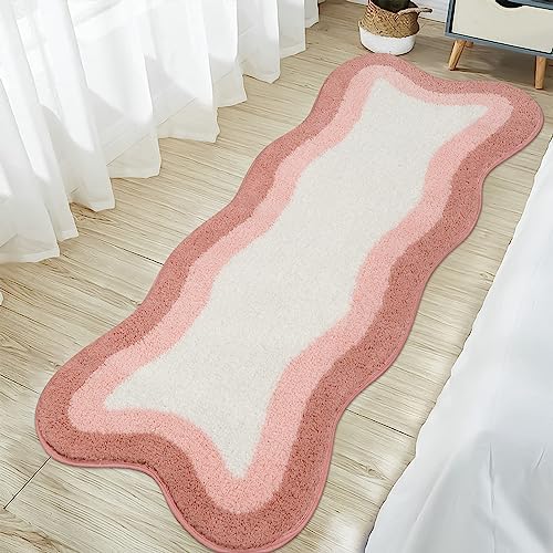 HAOCOO Bathroom Runner Rugs 18x47 inch, Non-Slip Long Rug Cute Bath Mat, Soft Luxury Shower Mat Microfiber Machine Washable Pink Floor Carpet for Sink Tub (washable rug) - color: Pink, size: 18x47 inch (Irregular)