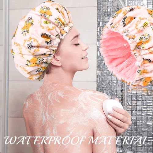 Shower Cap for Women Terry Lined Bee Bath Cap Large Reusable Waterproof Elastic Band Beekeeper Shower Caps for Long Thick Hair Soft Bath Shower Hair Caps - color: Bee