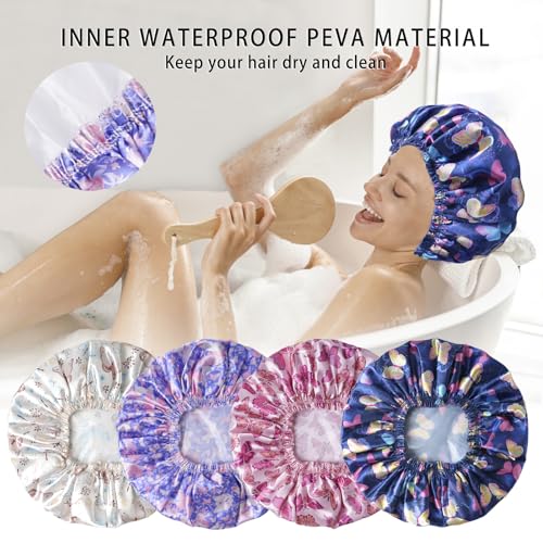 Shower Cap for Women,4 PCS Elastic and Reusable Bath Caps, Double Layers Shower Caps Reusable Waterproof, Bathing Shower Caps, Environmental Bath Hair Protection Cap - Butterfly E - color: Butterfly E