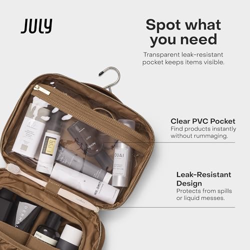July Hanging Toiletry Bag with Hidden Hook, Clear & Leak-Resistant PVC Pocket, Toothbrush Tab, Water-Resistant Nylon and Leather Trims - Travel Essentials Bag, Bathroom Travel Organizer - Light Brown - color: Light Brown