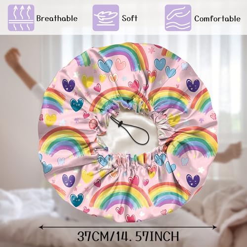 Luxury Shower Cap Silk Satin Lined Waterproof Reusable Adjustable Elastic Dry Hair Bathing Caps Cute for Women Girls-Rainbow - color: C-5-Rainbow