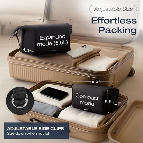 KAZAY Expandable Toiletry Bag with Side Clips for Adjustable Sizing, Premium High-Density Nylon, Open Wide Zipper, Stylish, Water Resistant, Cosmetic Bag, Makeup Bag, Full-Size Bottles, Unisex (Black) - color: Black