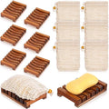 Mumufy 12 Pcs Wood Soap Dish and Exfoliating Bag Set 4.5 x 3.35 x 0.87 inches Self Draining Soap Saver Wood Tray for Bathroom Shower Travel(Brown,Bamboo) - color: Brown