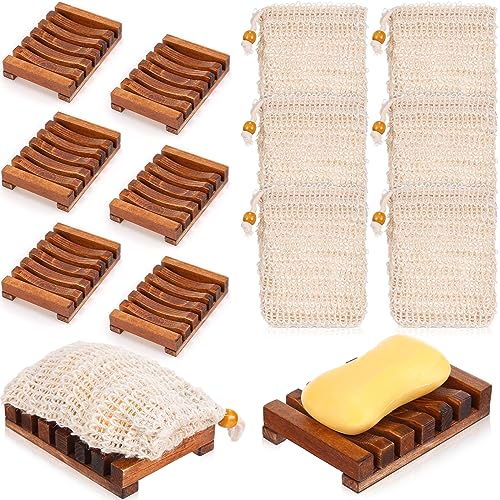 Mumufy 12 Pcs Wood Soap Dish and Exfoliating Bag Set 4.5 x 3.35 x 0.87 inches Self Draining Soap Saver Wood Tray for Bathroom Shower Travel(Brown,Bamboo) - color: Brown