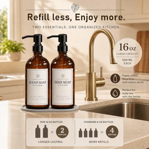 Fachixy Amber Glass Soap Dispenser (2 Pack), 16 Fl Oz Hand & Dish Soap Dispenser Bottles Set with Leak-Resistant Stainless Steel Pump, Non-Slip Pad, 14 Waterproof Labels for Kitchen and Bathroom - color: Brown