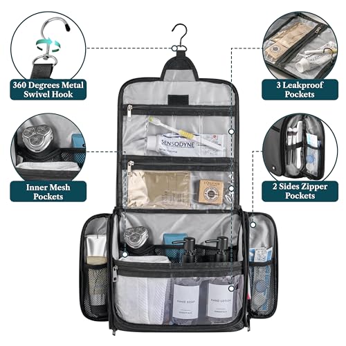 PAVILIA Large Hanging Toiletry Bag for Women Men, Travel Cosmetic Organizer with 10 Compartments, Swivel Hook and 3 Leakproof Pockets, Water Resistant Makeup Case, Packs Flat, Black - color: Black