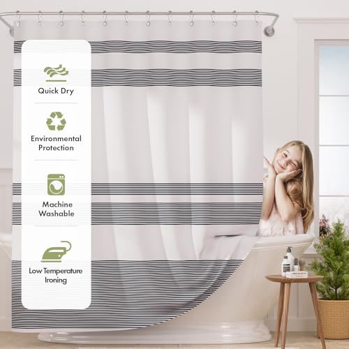 AmazerBath Navy Blue Shower Curtain, Blue and White Striped Bathroom Shower Curtain with 12 Shower Curtain Hooks, Rustic Fabric Blue and White, 72x72 Inches - color: A- Blue Stripe +12 Metal Hooks, size: 72"W x 72"L (Pack of 1)