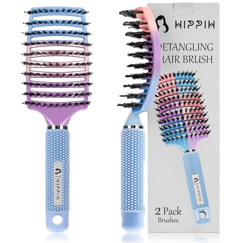 Boar Bristle Hair Brush Set of 2, HIPPIH Wet & Dry Hair Brushes Made by Fine Natural Boar Hair Can Adds Shine and Smoothing, Detangling Hairbrush for Women, Men & Kids' Long Curly Thick Hair - color: Mint Purple & Blue