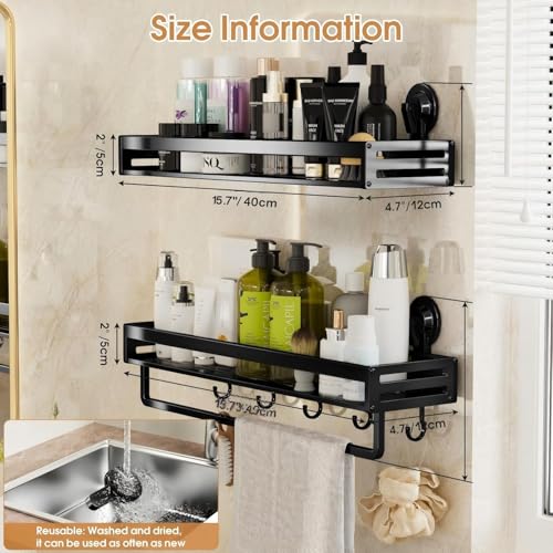 Suction Cup Shower Caddy, 15.7 inch Extended Version, 5 Hooks & Towel Rrack, No Drilling Required, Rust-resistant Bathroom Shower Organizer,with 2 Extra Suction Cups for Replacement Use(2Pack-Black) - size: 15.7 inches(2-Pack Black )