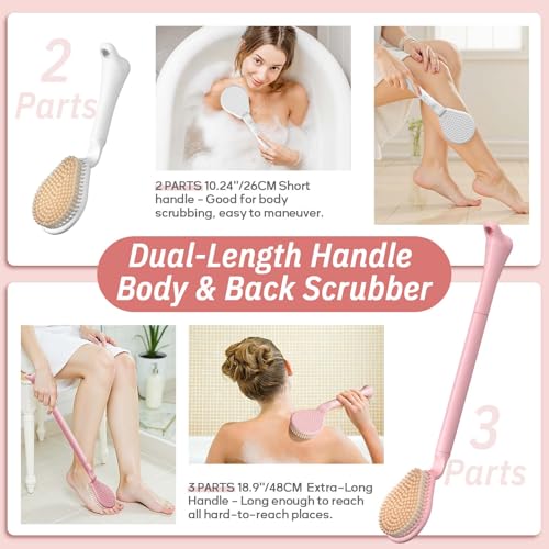 Back Scrubber for Shower & Silicone Bath Glove Set, 19’’ Detachable Long Handle Body Scrubber Wet or Dry Brush, Adjustable 2-in-1 Back & Body Brush with Soft Bristles for Deep Cleaning(Pink) - color: Back Scrubber-pink