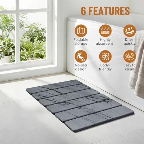 Luxspire Stone Bath Mat Foldable, Quick Drying Diatomaceous Earth Bath Mat for Bathroom, Large Bathroom Rug with Non-Slip Rubber Base, Easy Clean Shower Mat Outside Shower, 24 x 16 Inch, Marble Gray - color: E-marble Gray