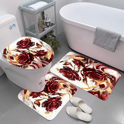 Red Marble Rose Shower Curtain Set,Luxury Modern Abstract Floral Bathroom Decor with Non-Slip Rugs & Toilet Lid Cover, Waterproof Fabric with 12 Hooks,Elegant Glamorous Bathroom Accessories for Home - color: Red Rose Decoration