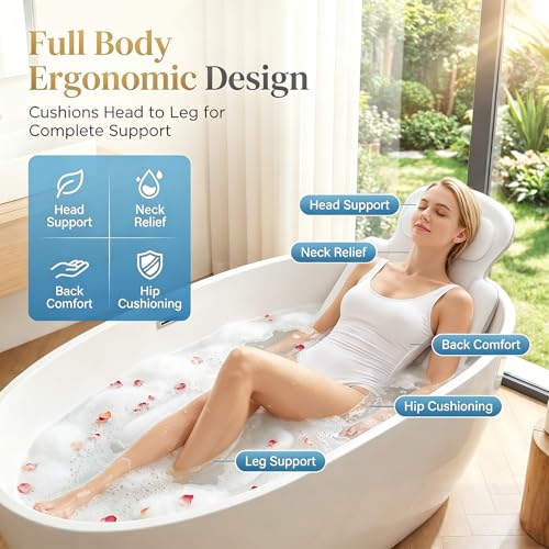 Full Body Bath Pillow, Luxury Bath Cushion with 192 Suction Cups, Bath Pillows for Tub for Head and Neck Support, with Laundry Bag White, 63" x 16" - size: 63" x 16"(Upgrade）