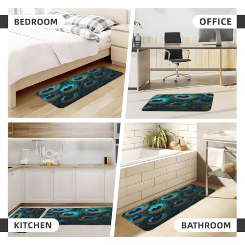Peacock Green Feather Kitchen Rugs Mats Set of 2 Pcs Non-Slip Floor Mats Washable Runner Rugs Set for Bathroom Laundry Hallway Kichen Comfort Standing Mat - color: Peacock Green Feather