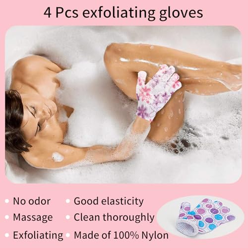 FARMOGA Exfoliating Gloves Shower Loofah Body Scrubber African Exfoliating Net Glove Bathing Accessories Exfoliating Mitt for Women & Men (4Pcs-Bath Gloves-Flower)
