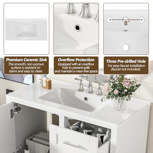 Linique 36" Modern Bathroom Vanity with Sink Combo Set, Solid Wood Frame Bathroom Storage Cabinet with a Soft Closing Door and 3 Drawers, White - color: White, size: 36"/ Door without Organizer
