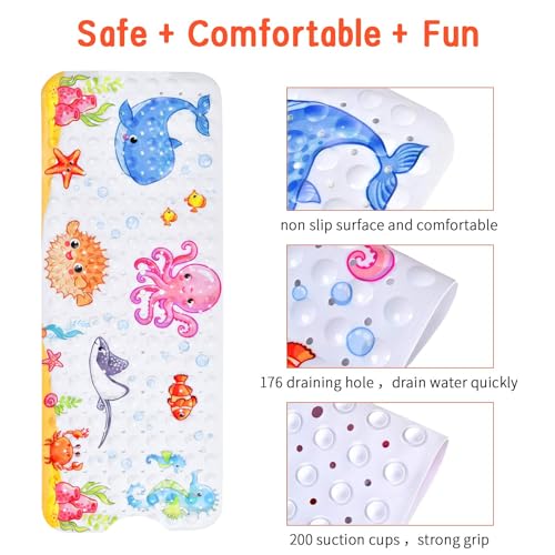 Bath Mat for Tub Non Slip, Machine Washable Anti Slip Cartoon Baby Bathtub Shower Mat with Drain Holes and Suction Cups for Toddler & Kids, 40 Inch x 16 Inch-Rectangular, Pink Octopus - color: Pink Octopus, size: 40" x 16" (Rectangular)