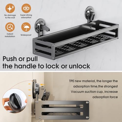 Suction Cup Shower Caddy, 15.7inch Extended Version, with 5 Hooks & Towel Rrack, No Drilling Required, Rust-Resistant Bathroom Shower Organizer (Dark Gray, 2-Pack) - size: 15.7 inches(2pack Dark Grey)