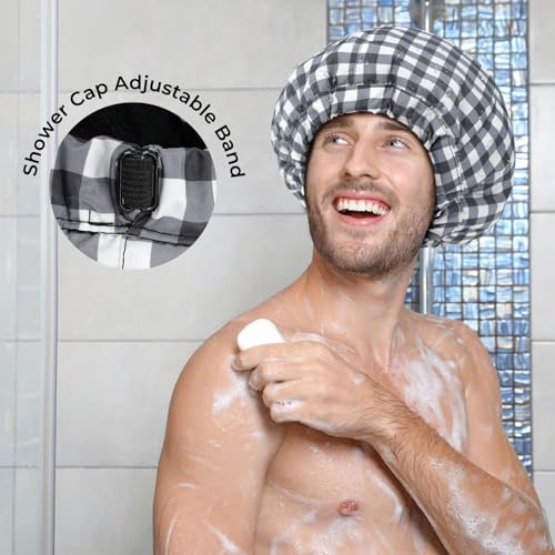 Shower Cap for Men Black White Plaid Bath Cap, Reversible Large Waterproof Adjustable Shower Caps Terry Lining & Elastic Band Stretch Hem Hair Hat - color: Black White Plaid