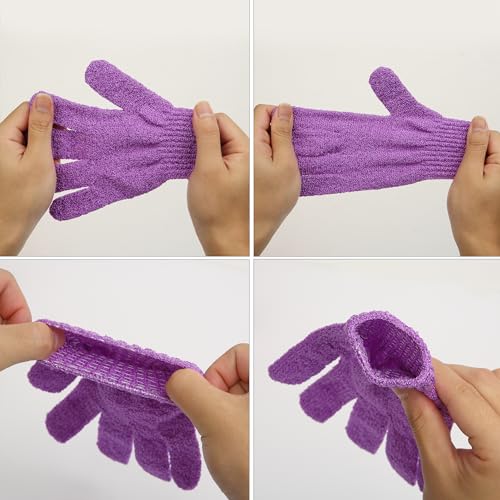 Slick- Exfoliating Gloves, 4 Pcs, Skin Exfoliator for Body, Shower Gloves, Scrub Glove Exfoliating, Exfoliating Body Scrub Glove - color: Shades of Purple