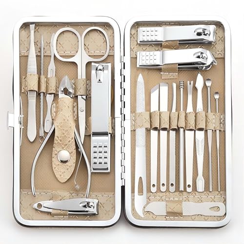 Manicure Set - 19 in 1 Professional Nail Clippers Pedicure Kit, Manicure Tool Kit, Stainless Steel Facial Grooming Set Kit, Gift Idea for Women, Men, Girls, Teens, Beige - color: Beige