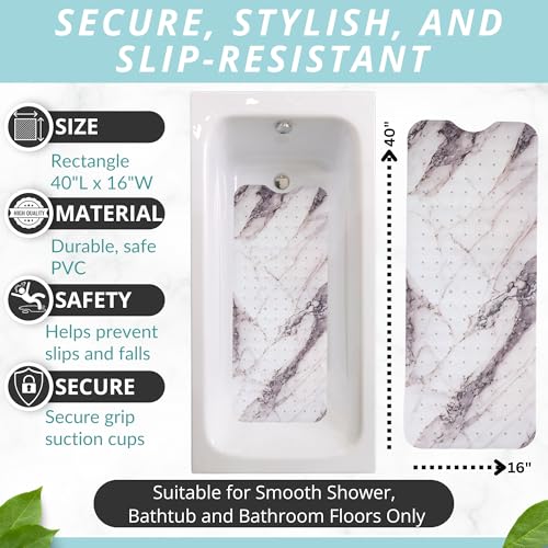 ENKOSI Bath Mat – Large 40 x 16 Inch Non-Slip Bathtub Mat with Suction Cups & Drain Holes – Extra Long Shower Mat for Tub with Marble Print Design (Grey Marble 40x16) - color: Marble Gray