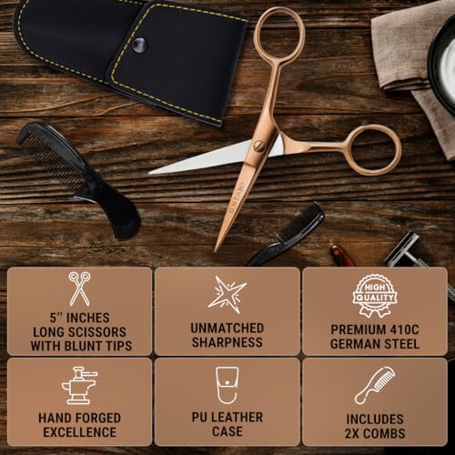 Ontaki Beard & Mustache Scissors for Men - 5inch, Rose Gold - 410C German Steel Durable, Ergonomic Design Travel Friendly Facial Hair Scissors - Beard Grooming Kit 2 Combs & Case Perfect for Styling - color: Rose Gold