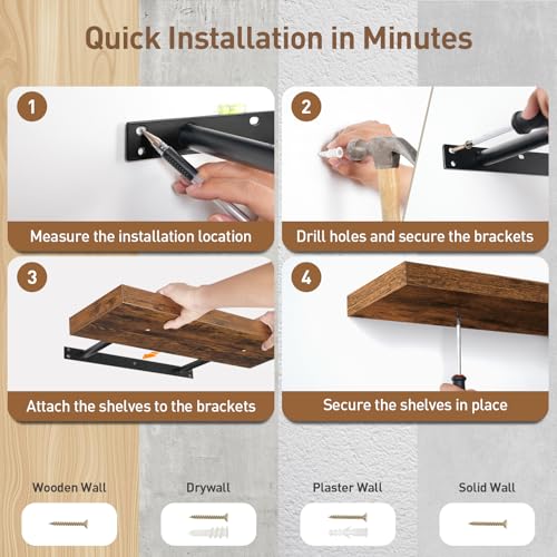 RALGEND Floating Shelves for Wall, 1.5" Thick Wall Shelf Set of 3 with Invisible Brackets, 23.6L x 7.9W Hanging Shelves Farmhouse Home Decor for Bathroom, Living Room, Bedroom, Rustic Brown 6301BJP3BF - color: Rustic Brown, size: 23.6 Inches