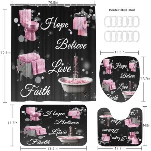 4 Piece Shower Curtain Set with Rugs, Inspirational Quotes Hope Believe Love Faith Bathroom Decor, Pink and Black Chic Aesthetic Bath Curtain with 12 Hooks, Non-Slip Mat - color: Pink Bath
