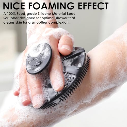 INNERNEED Food-Grade Soft Silicone Body Scrubber Shower Brush Handheld Cleansing Skin Brush, Gentle Exfoliating and Lather Well (Pack of 3) - color: (Set) Dark Green+pink+black