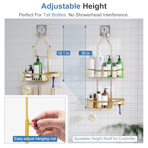 Shower Caddy, Extended Length Shower Organizer with Hooks, Rustproof Shampoo Soap Holder, Large Hanging Bathroom Caddy, Gold - color: Gold - 2 Tier - Standard
