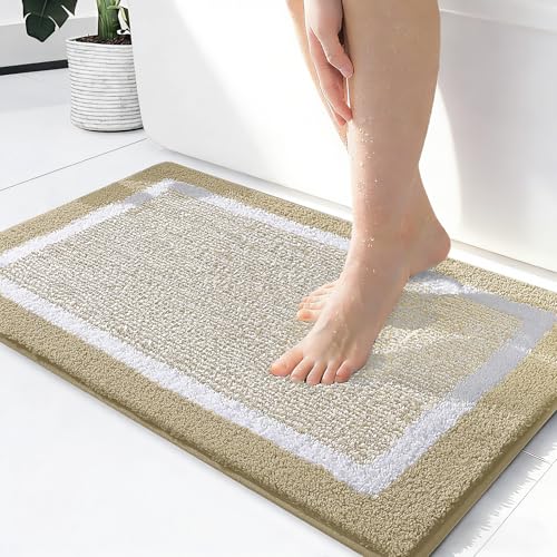 OLANLY Small Bathroom Rugs 24x16, Extra Soft and Absorbent Microfiber Bath Rugs, Non-Slip, Machine Washable, Quick Dry Shaggy Bath Carpet, Bath Mats for Bathroom Floor, Tub, Shower, Beige - color: Beige and White, size: 24" X 16"