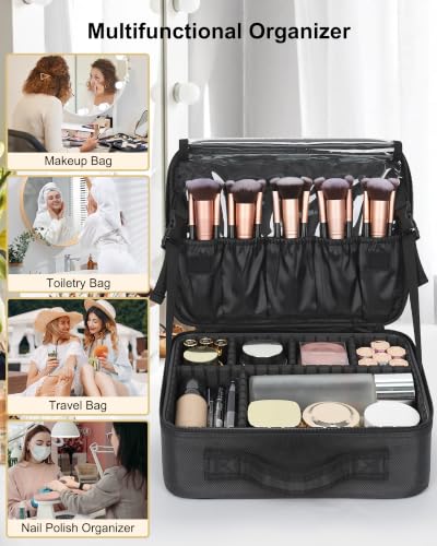 Relavel Makeup Bag Large Cosmetic Bag Travel Train Case Toiletry Bag for Women with Adjustable Dividers, Travel Essentials Organizer Case Storage Box for Skincare, Brushes, Black - color: Black S/M, size: Small