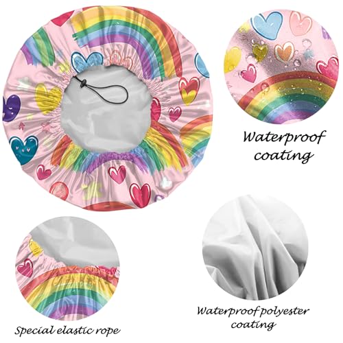 2 PCS Shower Cap Reusable Waterproof Adjustable Double Layer Elastic Dry Hair Bathing Caps Aesthetic Cute for Women Girls-Rainbow Heart - color: H-5-Rainbow Heart