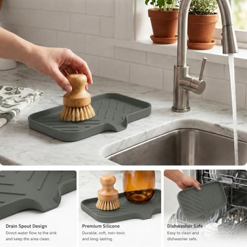 MicoYang Silicone Soap Dish with Drain Spout — Self-Draining Sink Organizer Tray for Bathroom & Kitchen, Sponges, Dispensers & Soap Holder, Non-Slip & Dishwasher Safe, Grey (Medium, 9.6"×5.3") - color: Grey, size: M(9.6"×5.3")