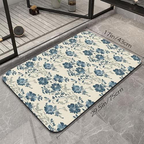 Blue Beige Flowers Bathroom Mat, Non Slip Rubber Backed Fast Dry Bath Rug, Thin Bath Mat for Bathroom Kitchen 17"x30" - color: Blue Beige Flowers
