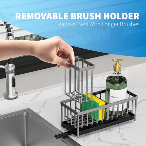 Cisily Sponge Holder for Kitchen Sink, Sink Caddy Organizer with High Brush Holder, Kitchen Countertop Organizers and Storage Essentials, Rustproof 304 Stainless Steel (Dark Grey, 9.25″) - color: Dark Grey - 9.25″