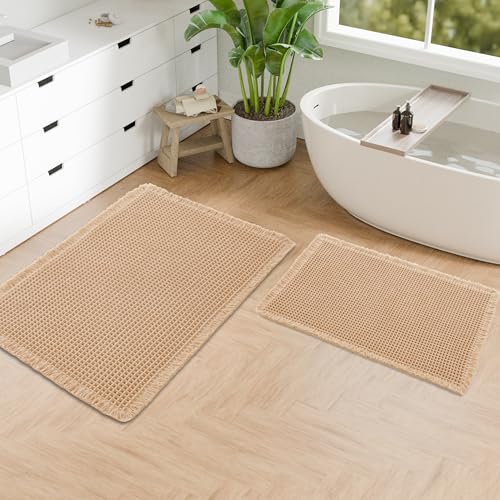 Hiasan Set of 2 Waffle Bath Mat, Super Absorbent Non Slip Bathroom Boho Rug with Tassels, Machine Washable Bath Mats for Bathroom, Ultra Soft Rubber Backed Rug, Brown, 16" x 24" + 20" x 32" - color: Brown, size: 16" x 24" + 20" x 32"