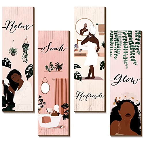 Yookeer 4 Pcs Black Girl Bathroom Wall Decor Pink Decor Boho Wall Art Print Black Women African American Wood Plaque Bathroom Hanging Decors for Home Spa Restroom Dressing Room
