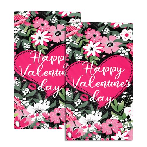 Valentine's Day Hand Towels 14.4 x 28.3 Inch Heart and Daisy Pattern Soft Bath Towel Set of 2 Pink Kitchen Towels for Bathroom Kitchen Decorative Towel Hotel Gym Spa Towels - color: Heart Pink