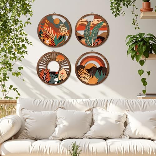 TOARTi 4 Pieces Boho Wooden Wall Art Bohemian Hanging Art Farmhouse Geometric Wooden Wall Decor Aesthetic Botanical Artwork Boho Minimalist Wall Decor for Bedroom Living Room - color: Boho Wooden Wall Art 1
