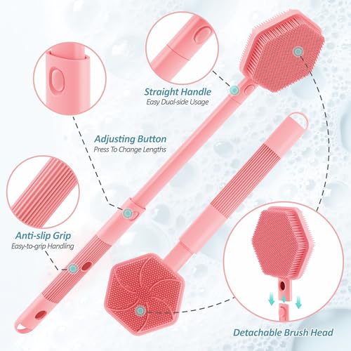Silicone Back Scrubber & Soft Bath Glove 2PCS, 16''- 21''Extendable Back Scrubber with Dual-Side Large Head, 360° Anti-Slip Hand-fit Silicone Body Scrubber for Rich Foaming Deep Cleaning(Pink) - color: Pink*2